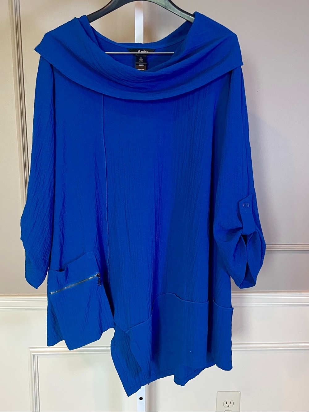 Ali Miles 3X Tunic Top Blouse Shirt Cobalt Blue Swing Crinkle Artsy Cowl Neck